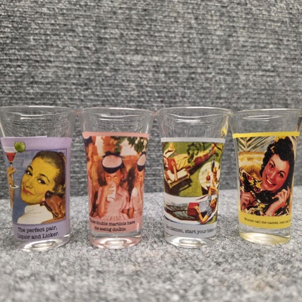 Vintage Anne Taintor Shot Glasses Set of 4 Retro 1950s Funny Humorous Barware